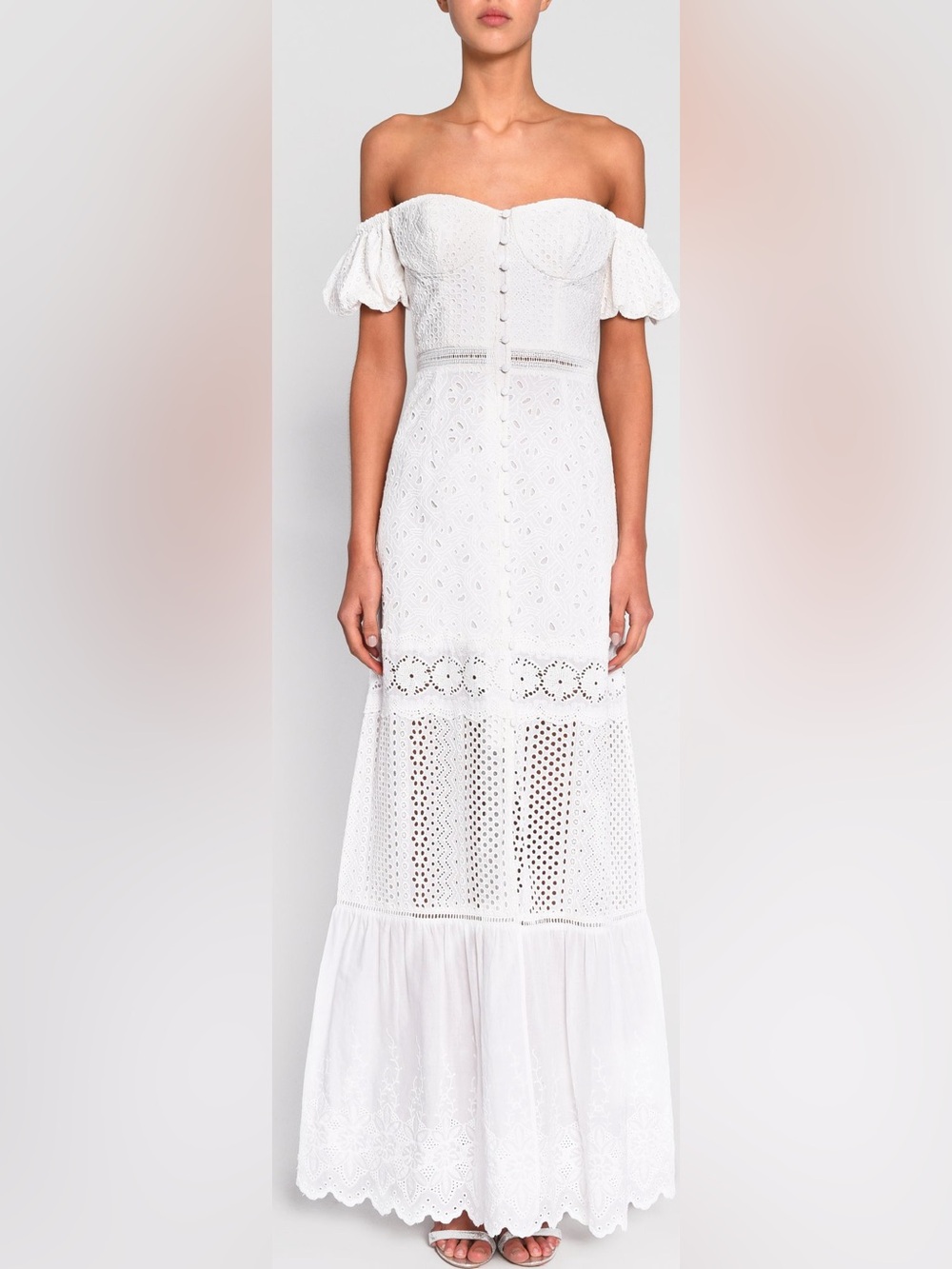 True Decadence White Broderie Bardot Eylet Boho Maxi Dress Size 10 NWOT